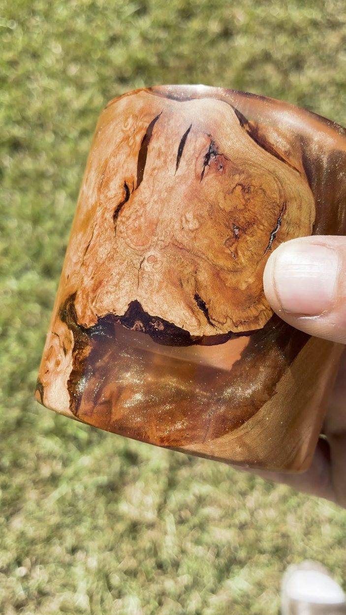 Burl in Sunlight, wood and resin whiskey tumbler