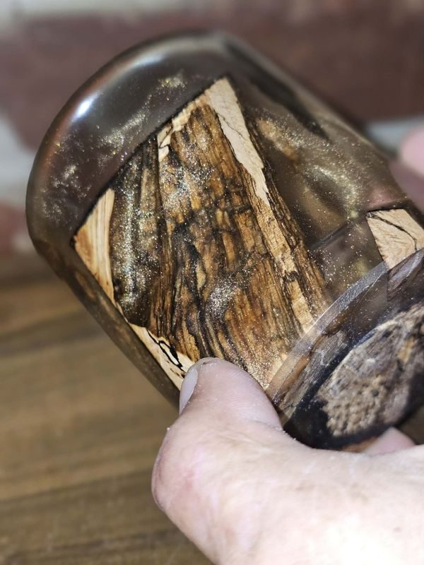 Spalted bourbon tumbler in smoked resin